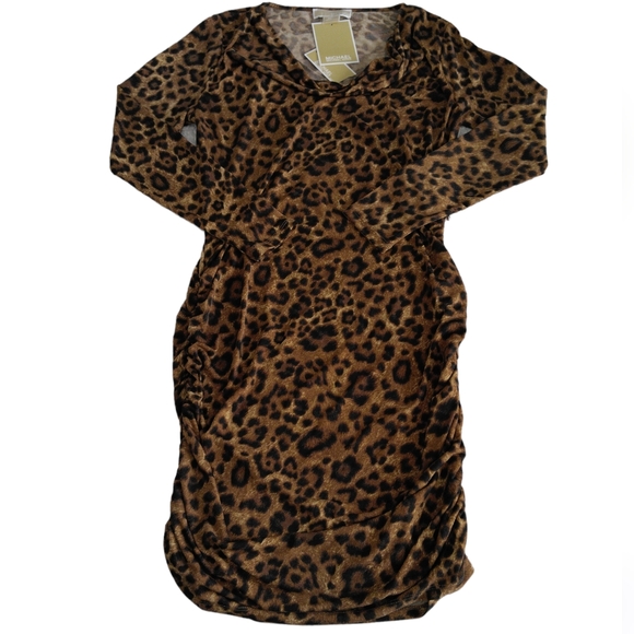 NWT Michael Michael Kors P/L Dark Camel Animal Print Ruched Long Sleeve Dress - Picture 1 of 13